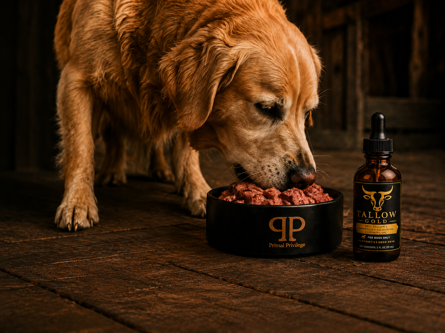 Golden Retriever enjoying Primal Privilege raw food