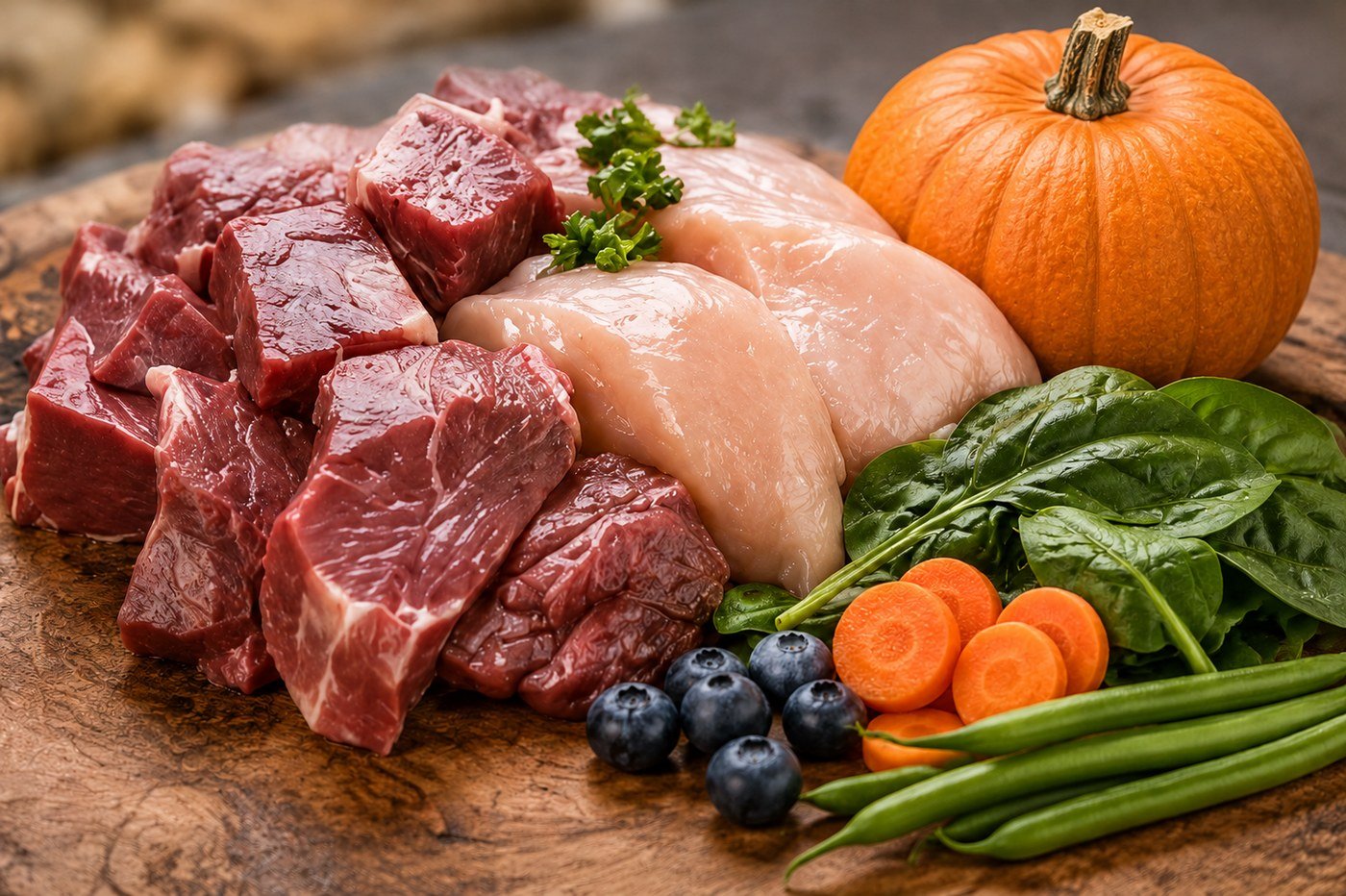Raw beef, chicken, organ meat and fresh produce ingredient flatlay