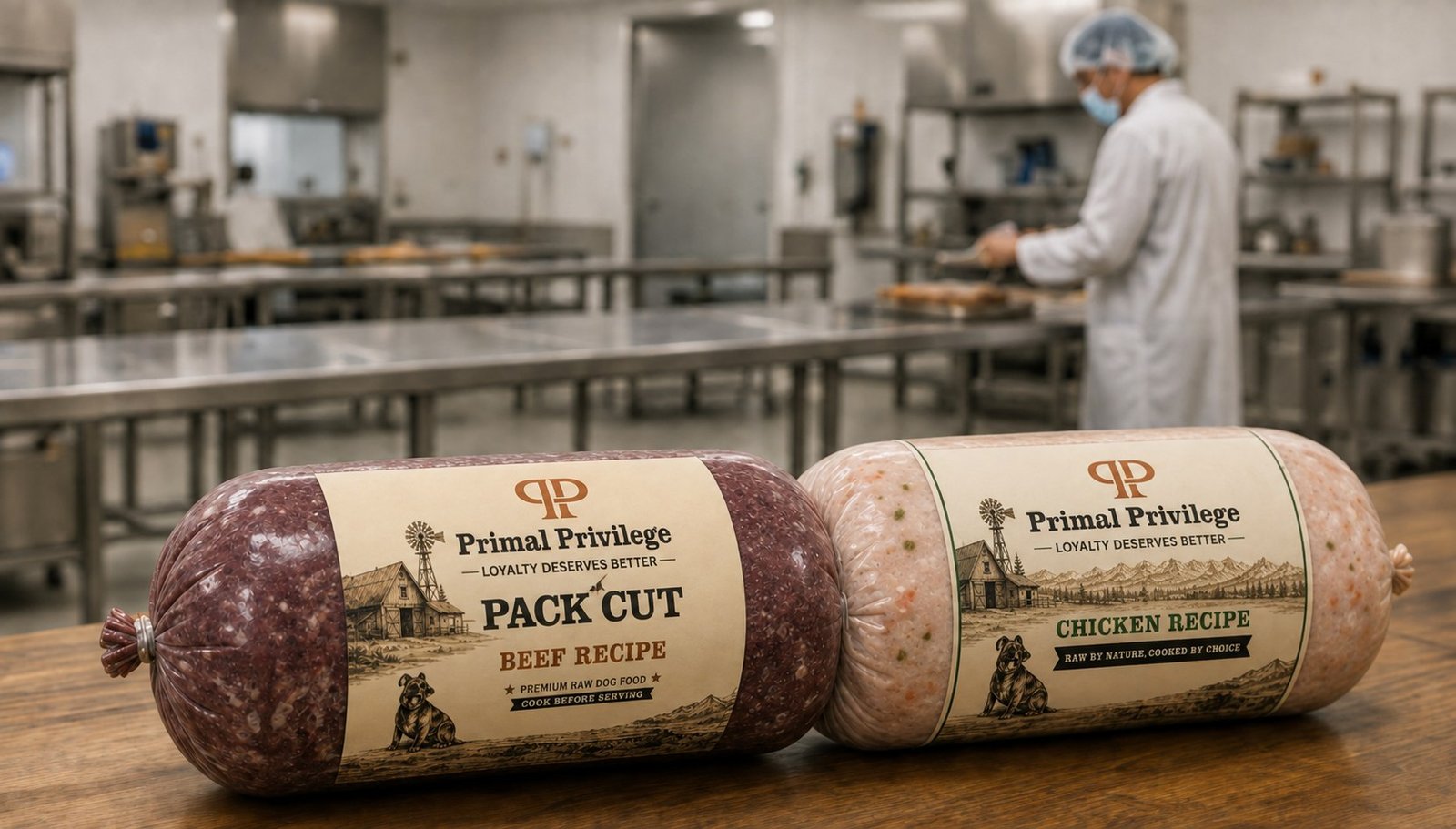 Production kitchen making Beef and Chicken chubs