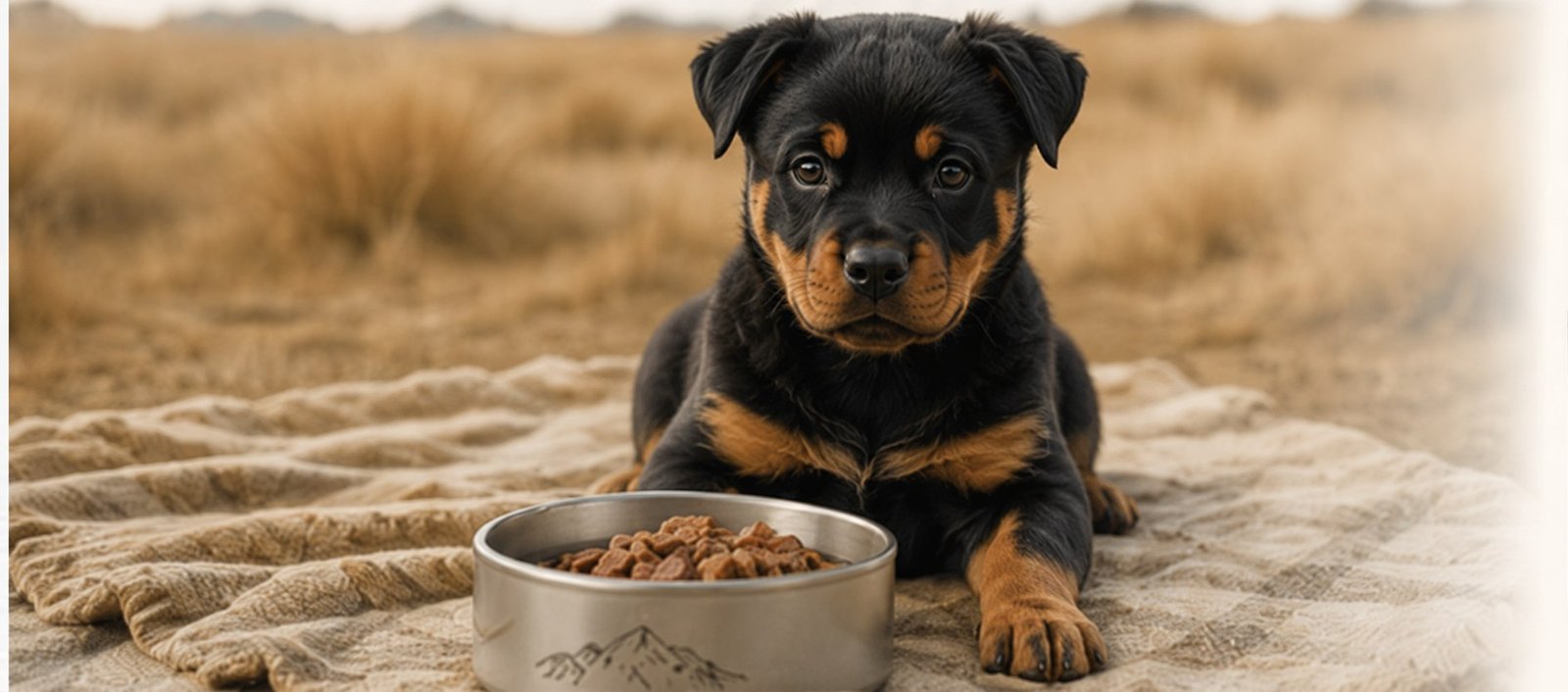 Puppy with a bowl on a blanket outdoors