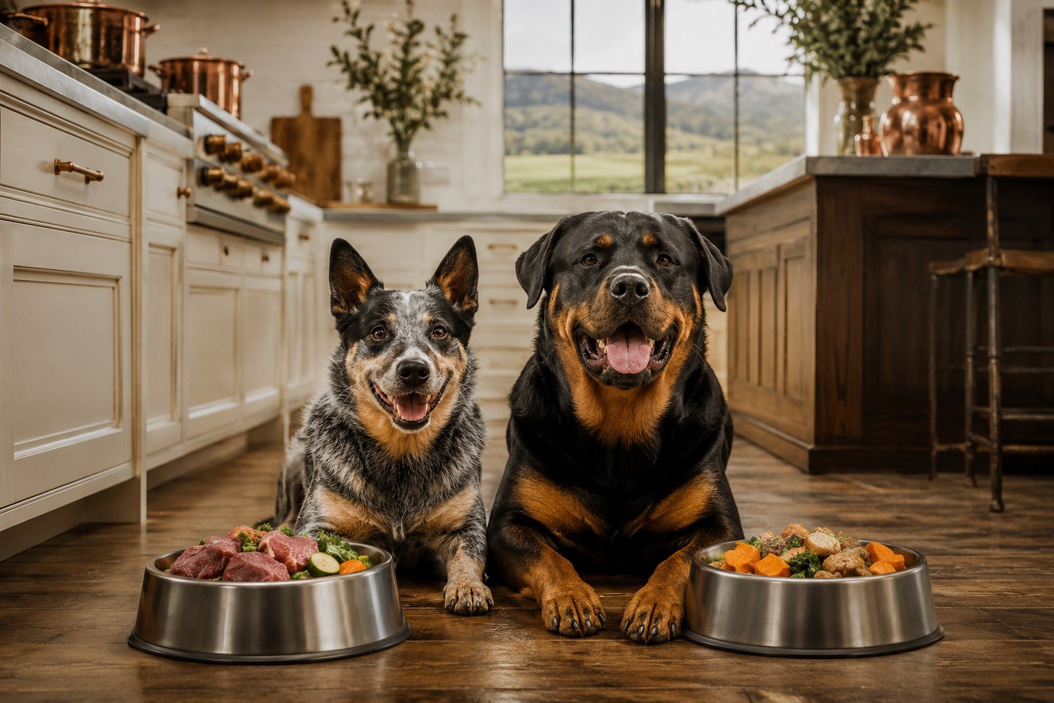 Dogs with bowls and chubs, mountain view behind